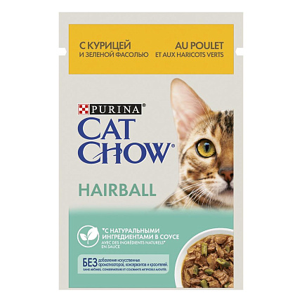 Cat Chow влажный корм для кошек контроль образования комков шерсти с курицей /зеленой фасолью (пауч)