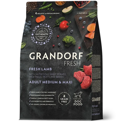 Grandorf Fresh (Грендорф Фреш) Свежее мясо ягненка с бататом для собак средних и крупных пород Беззерновой корм с живыми пробиотиками. Для взрослых собак средних и крупных пород с чувствительным пищеварением или склонных к аллергии.